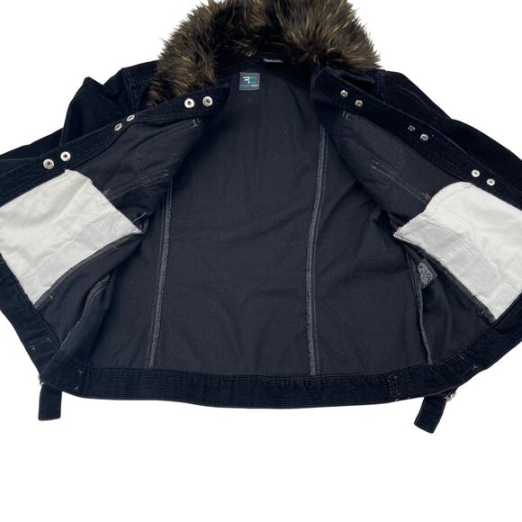 Women's Black Corduroy Jacket y2k Faux Fur Detachable Collar French Cuff Size PL - Picture 8 of 9
